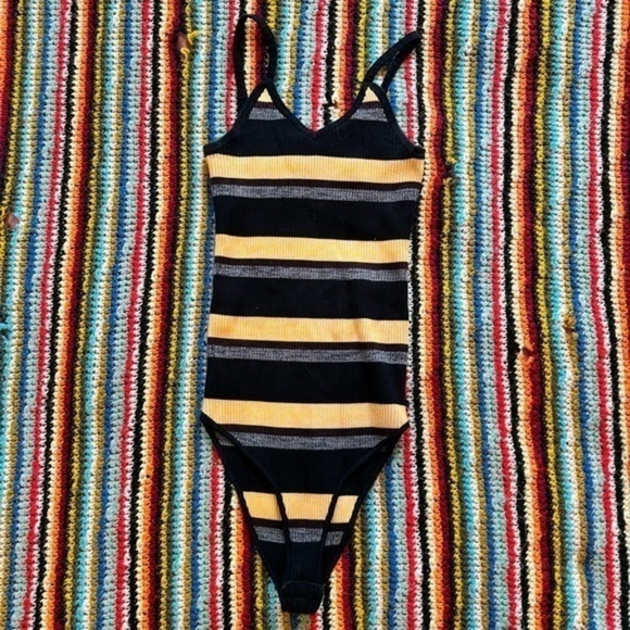 Scotch & Soda Tops - Scotch&Soda Bamboo Striped V Neck Bodysuit Black Yellow Medium